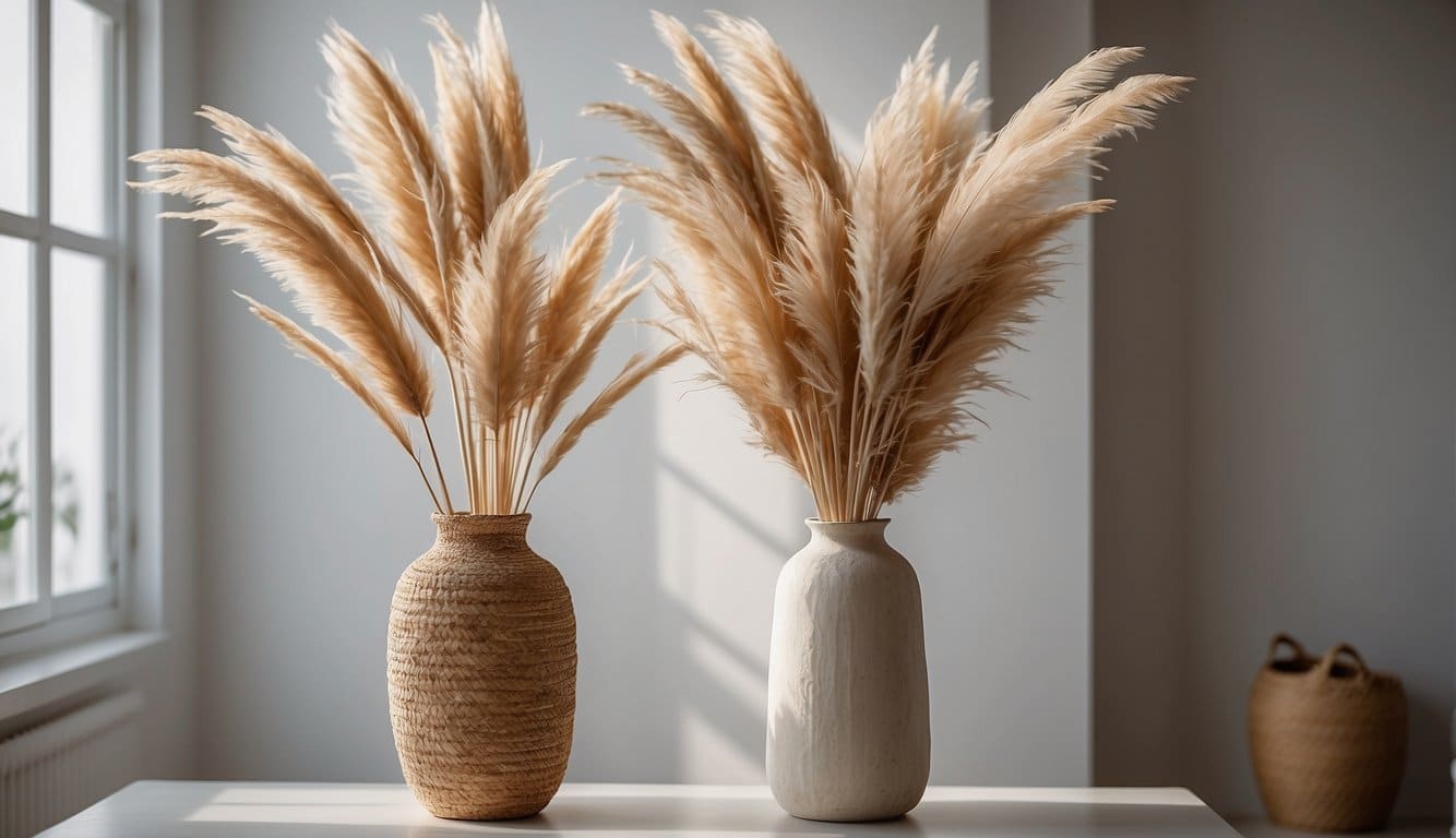A vase holds dried pampas grass, standing tall and elegant against a white wall. The feathery plumes create a soft, natural texture, adding a touch of bohemian charm to the room