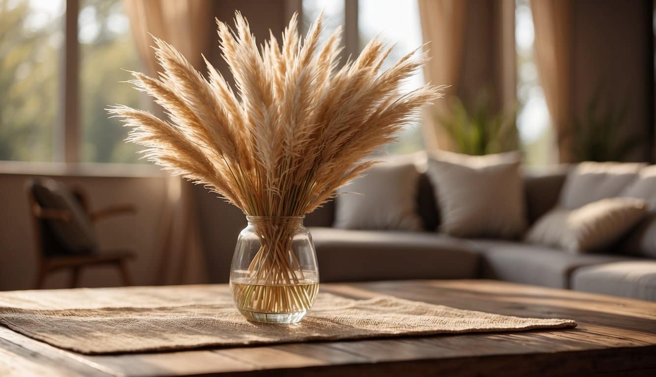 Dried pampas grass placed in a tall vase on a wooden table with a soft cloth for cleaning nearby