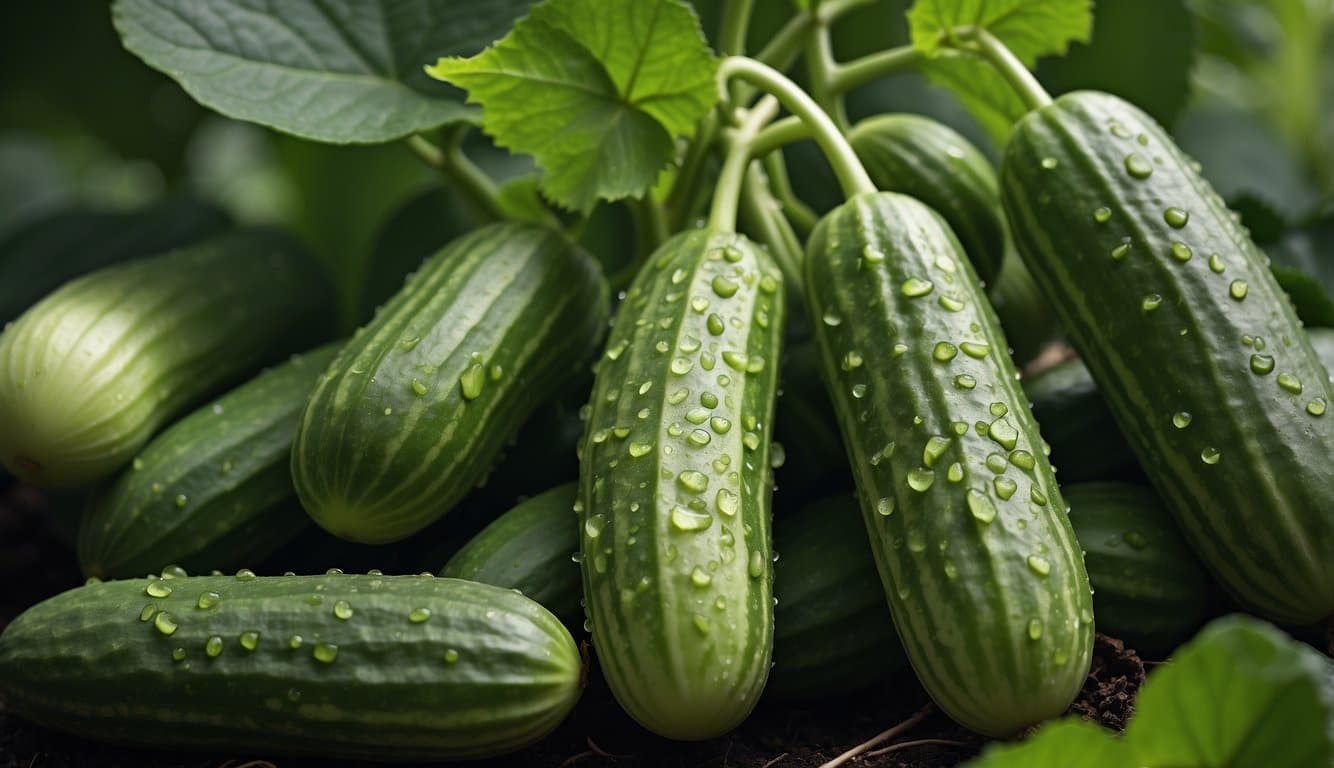 Lush green cucumber plants with short, fat produce. Visible signs of fungal and bacterial infections on the leaves and fruits