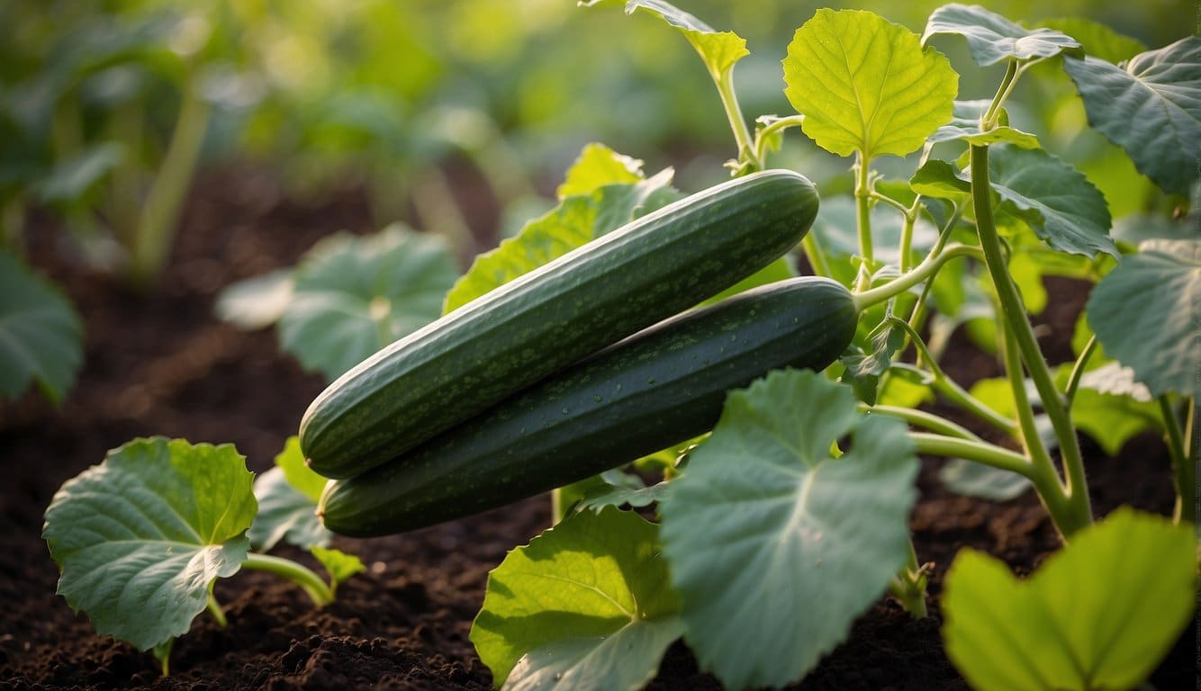 A healthy cucumber plant stands tall, surrounded by rich soil and receiving ample sunlight. Its vines are long and slender, with vibrant green leaves and numerous plump, elongated cucumbers hanging from them