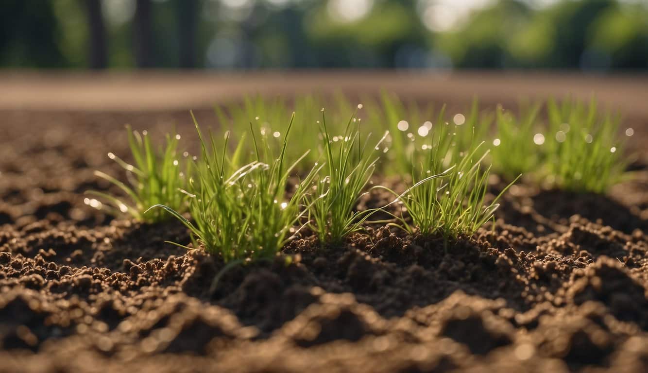 Centipede grass seeds being planted in a well-prepared soil bed, followed by a layer of fertilizer being evenly spread over the area