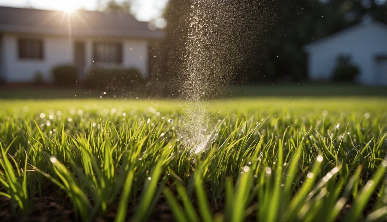 Centipede grass being watered and fertilized in a South Carolina yard post-planting