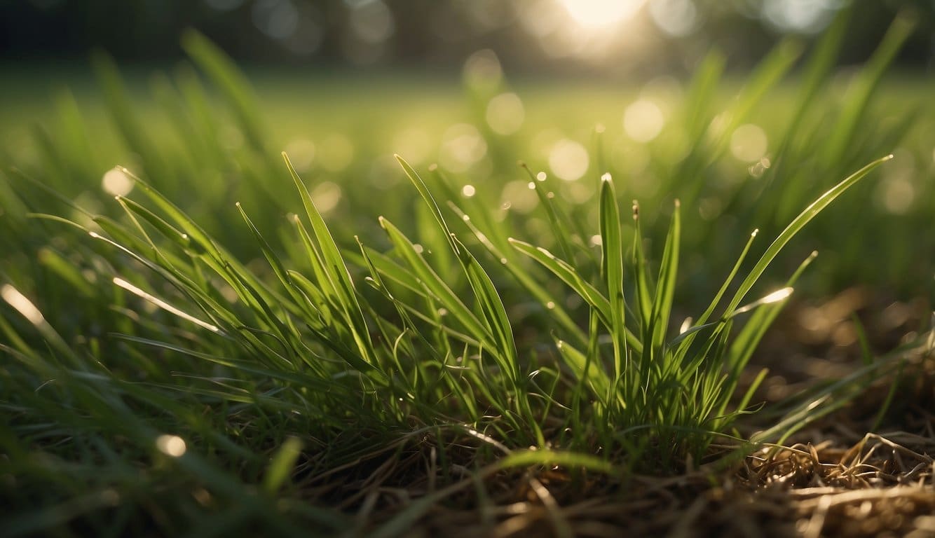 Centipede grass thrives in shaded areas, with dense green blades reaching towards filtered sunlight. The grass spreads across the ground, creating a lush and vibrant carpet in the shade