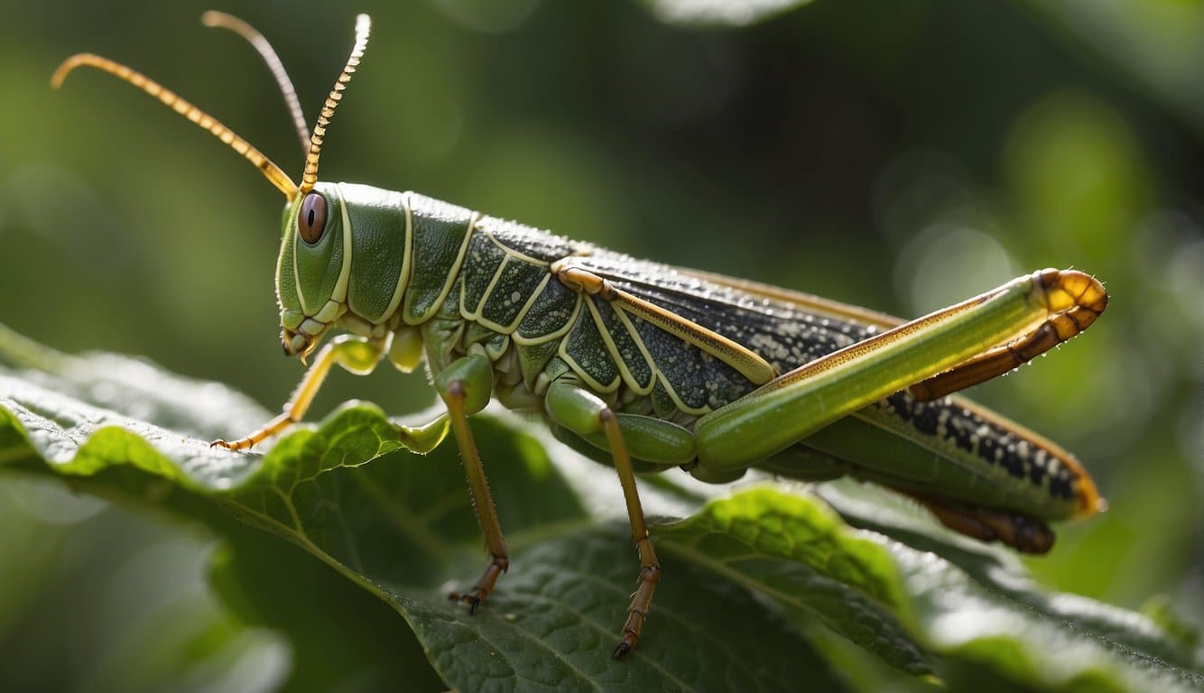 A grasshopper perches on a leaf, munching on greenery. Its powerful jaws move as it consumes plant matter