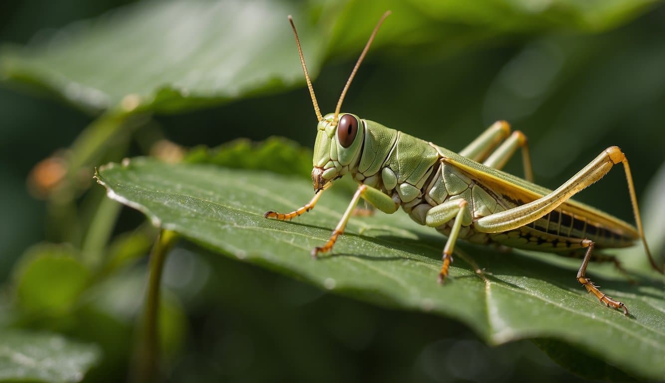 A grasshopper perched on a leaf, its legs poised to jump. A close-up view shows its mandibles and a potential bite
