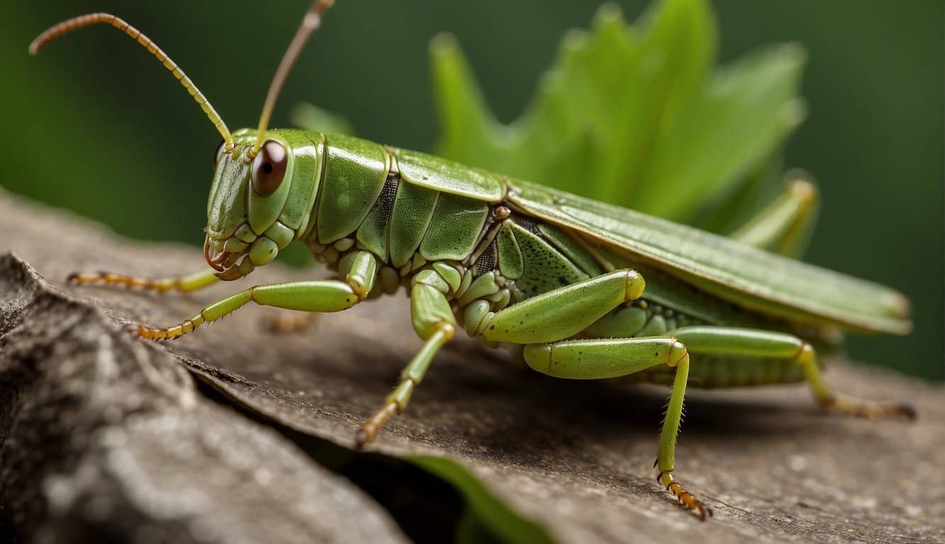 A grasshopper perched on a green leaf, its mandibles open, as if ready to bite