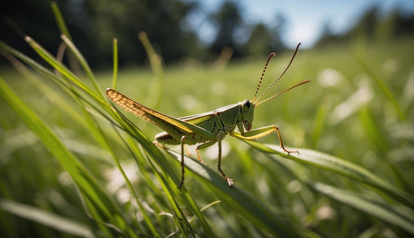 A grasshopper leaps from the grass, its wings spread wide, ready to take flight. Its long hind legs and slender body are poised for action