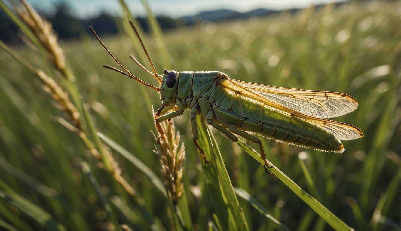Grasshoppers fly in erratic patterns over a field of tall grass
