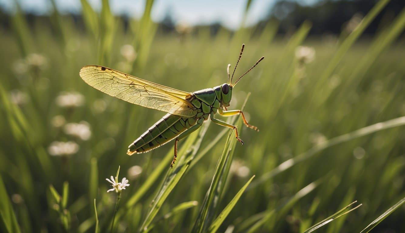 A grasshopper in mid-air, wings extended, leaping from a patch of grass