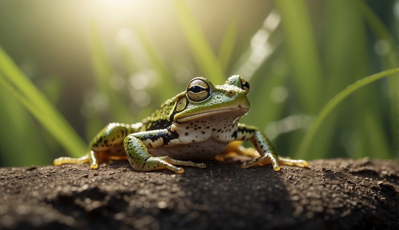 A frog catches a grasshopper with its long, sticky tongue