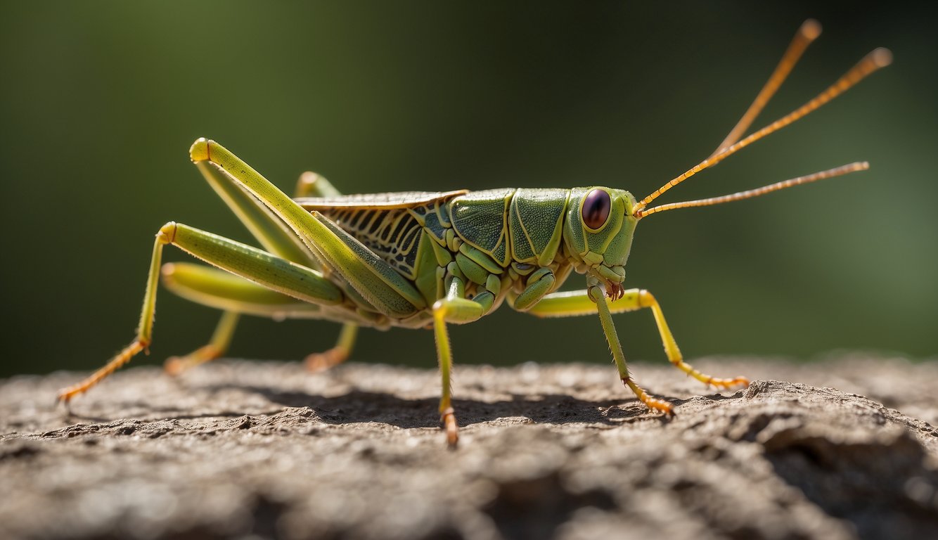 A grasshopper raises its hind legs, revealing bright colors to startle a predator