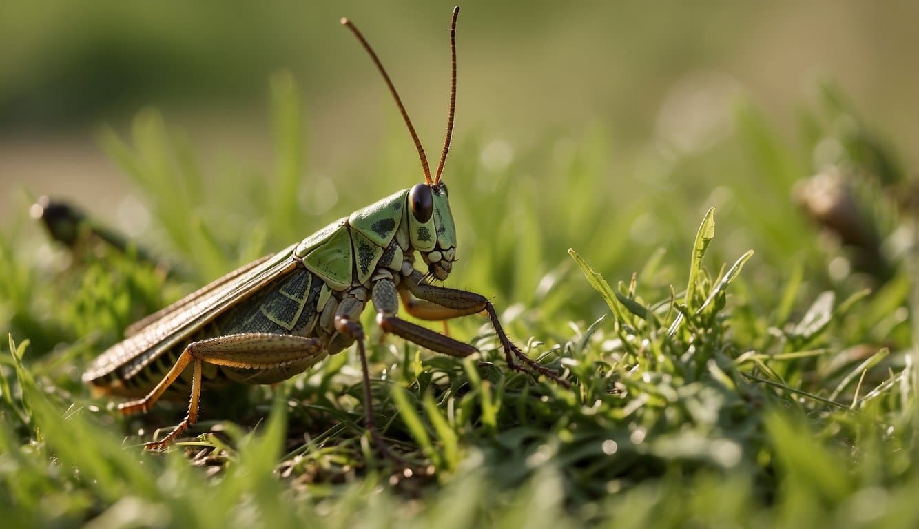 Grasshoppers being caught and eaten by birds, lizards, and other predators in a grassy field