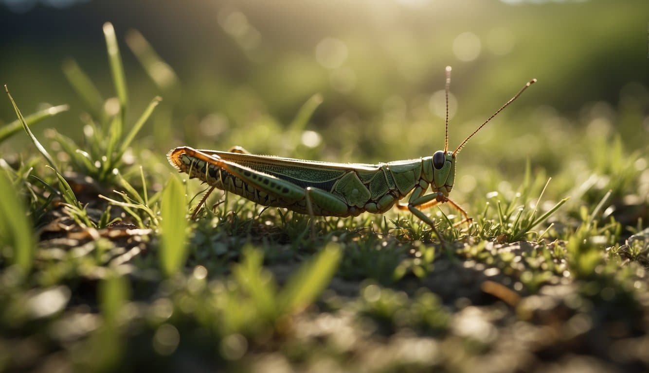 Grasshoppers being consumed by birds, lizards, and small mammals in a grassy field