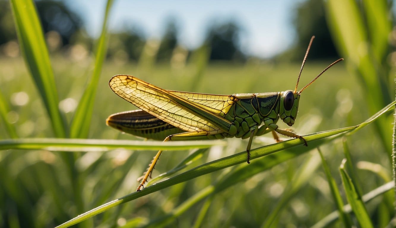 A grasshopper perches on a blade of grass, surrounded by a field of greenery. It basks in the warm sunlight, showcasing its vibrant colors and intricate details