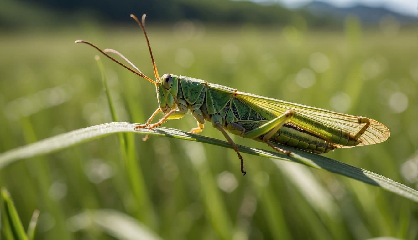 A green grasshopper perched on a blade of grass, with a backdrop of a sunny meadow and clear blue sky