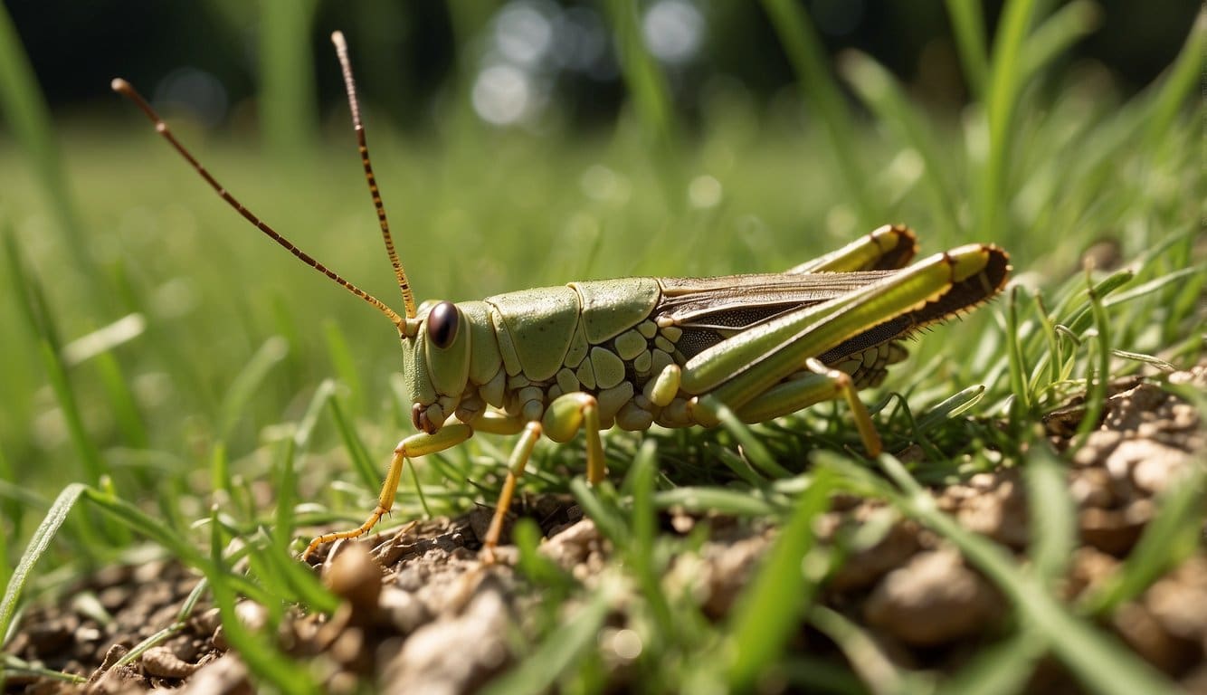 Grasshoppers devouring grass in a lush lawn. Pesticide spray and natural predator release for grasshopper control
