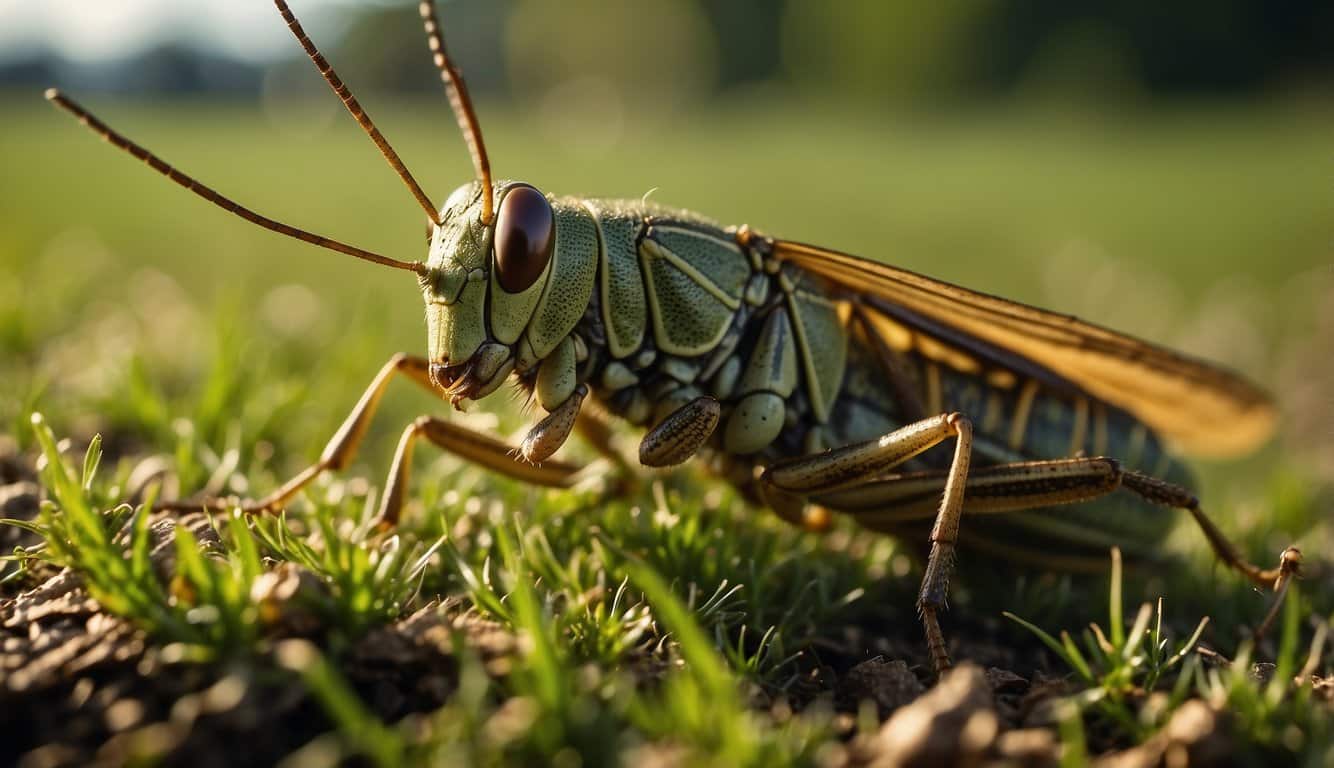 A lawn with grasshoppers infestation, grass damaged. Sprayer with insecticide, dead grasshoppers. New grass growing