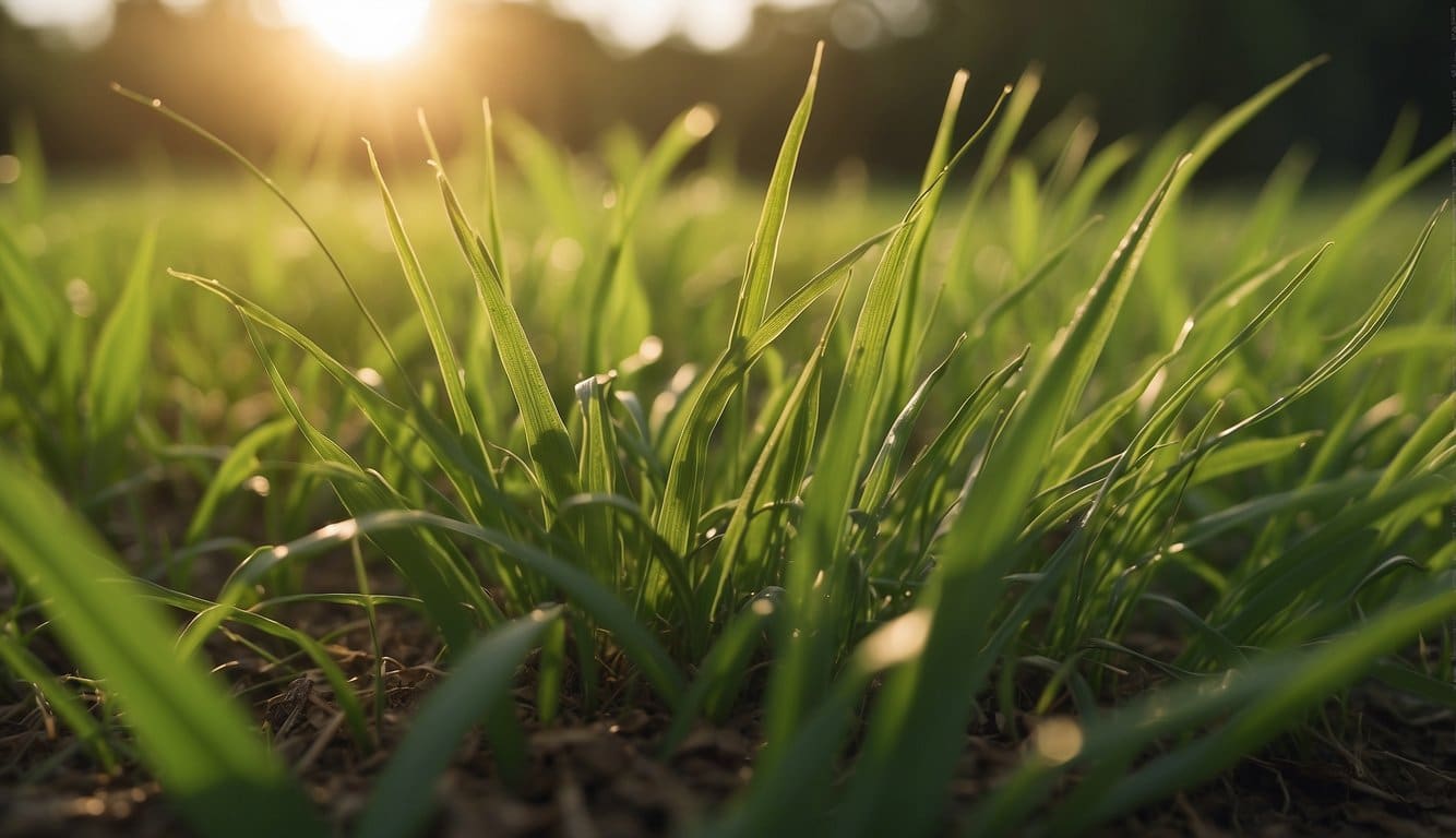 Lush green grass grows in a Michigan landscape. Sun shines down on the thriving plants. The soil is rich and fertile, perfect for planting grass