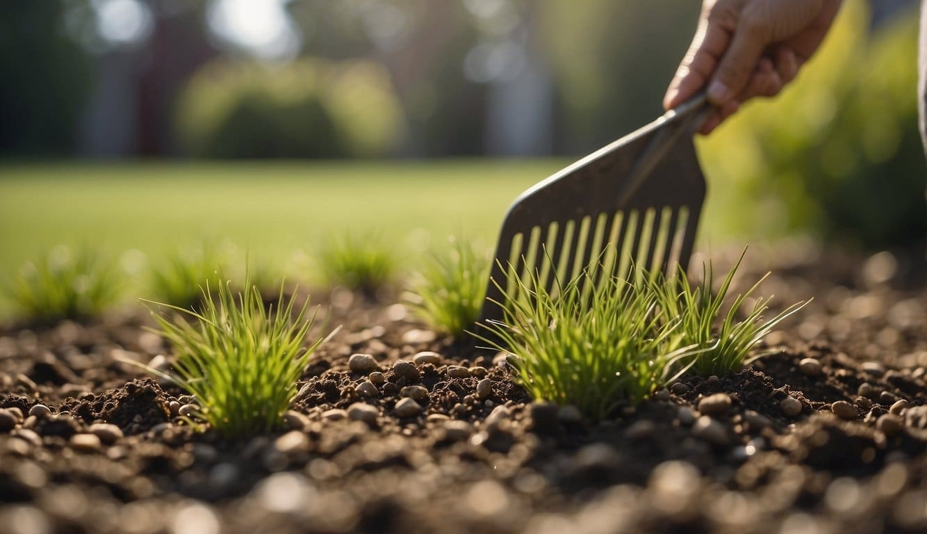 A hand spreads grass seed over an existing lawn, followed by a rake gently covering the seeds with a thin layer of soil