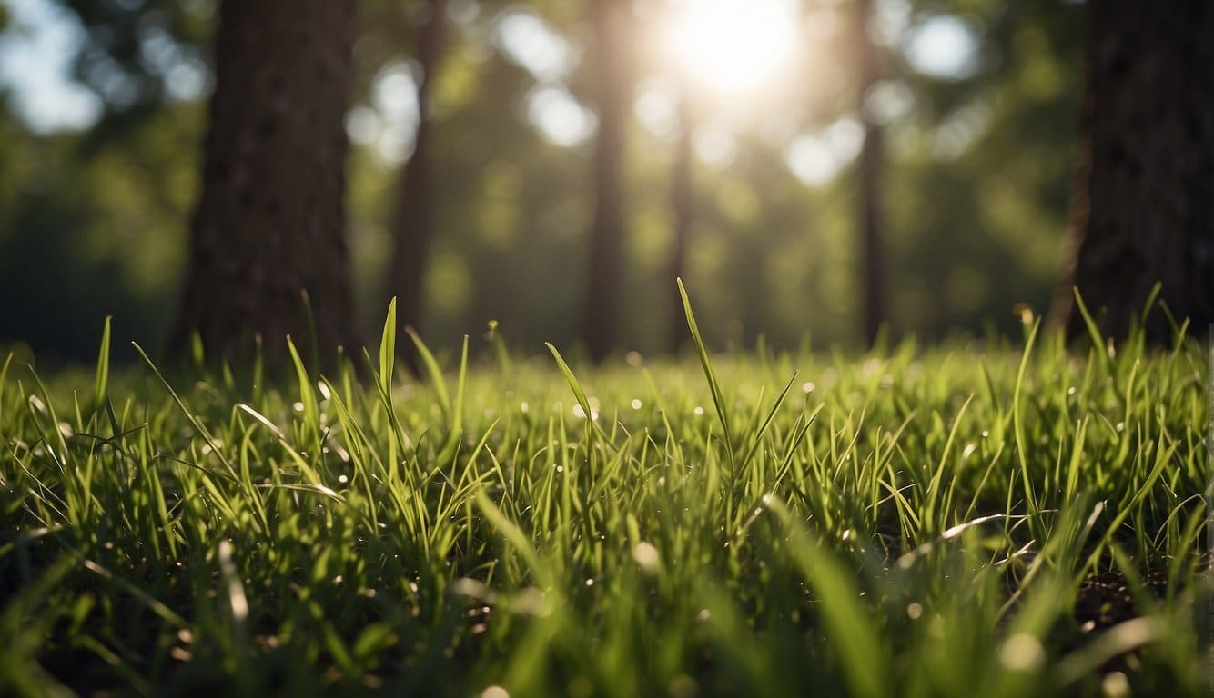 Lush green grass grows in a sun-drenched field, bordered by tall trees and rolling hills. The soil is rich and dark, perfect for planting grass seed