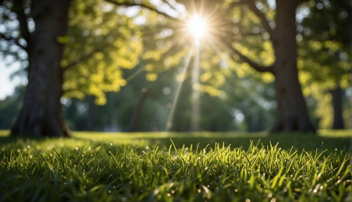 Sunlight filters through trees onto a lush, green lawn. A calendar shows the optimal planting times for grass seed