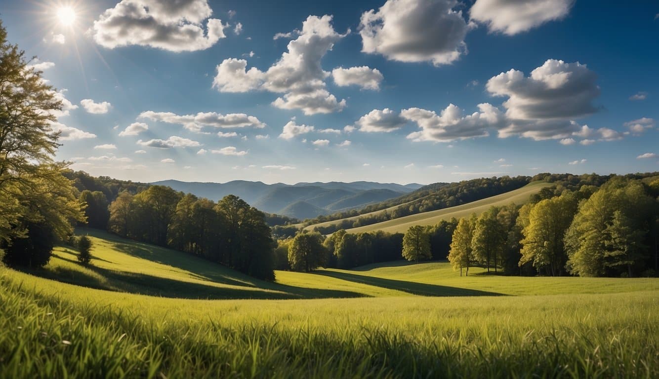 A sunny Virginia landscape with a clear blue sky, gentle breeze, and lush green grass. A calendar showing the optimal seeding season