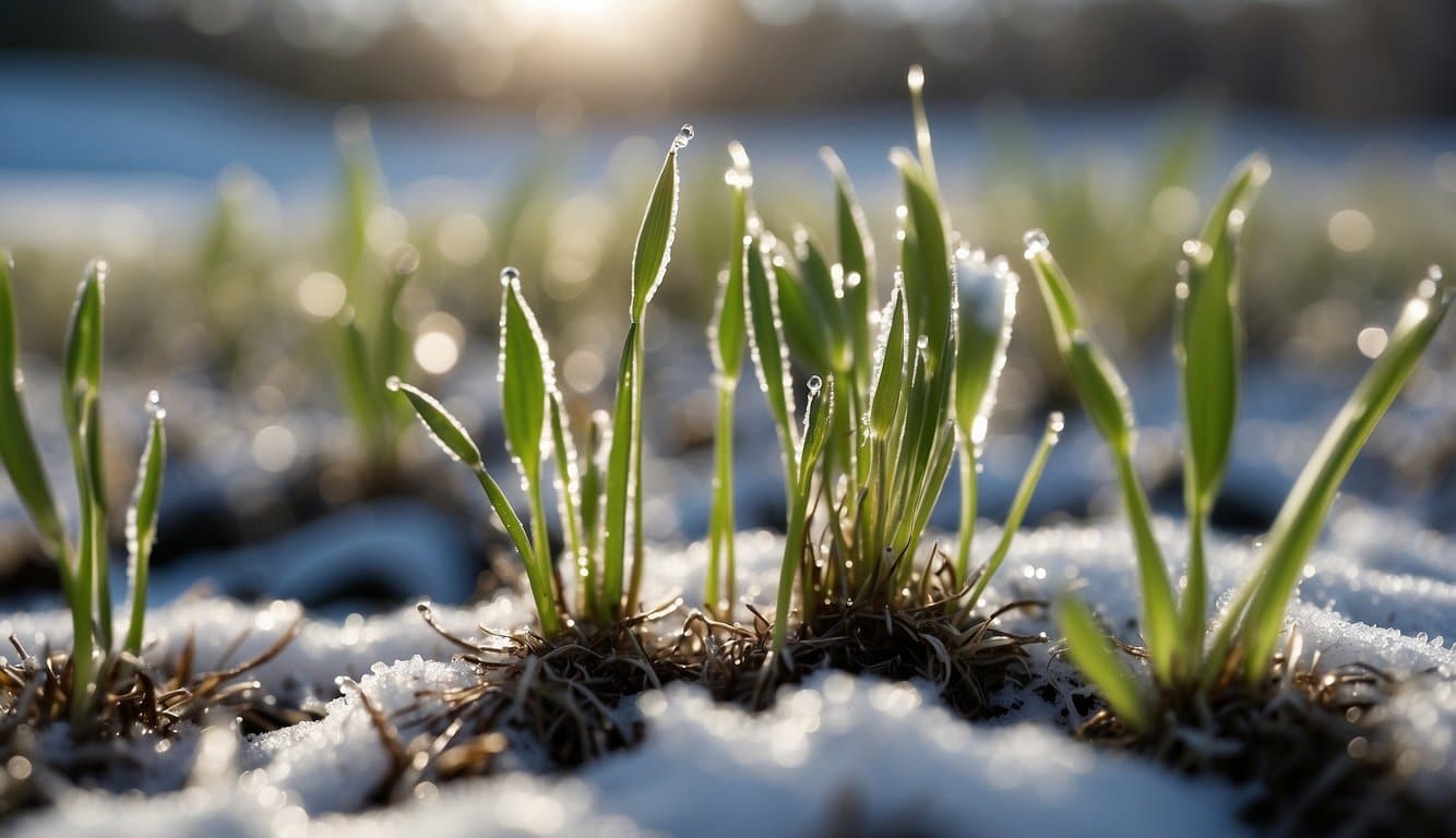Grass seed sprouts in a snowy field, surrounded by frozen ground. A small shoot emerges from the seed, breaking through the icy surface