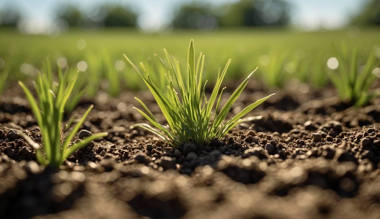 Lush green grass seed being sown onto fertile Iowa soil under a clear blue sky, with the sun shining and a gentle breeze blowing