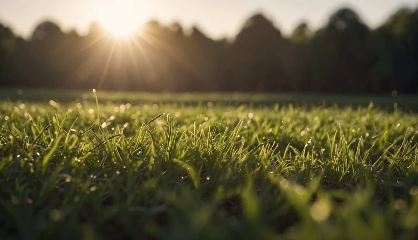 Sunlight filters through the trees onto a lush, green field. A farmer sows grass seed with a spreader, while a gentle breeze carries the seeds across the soil