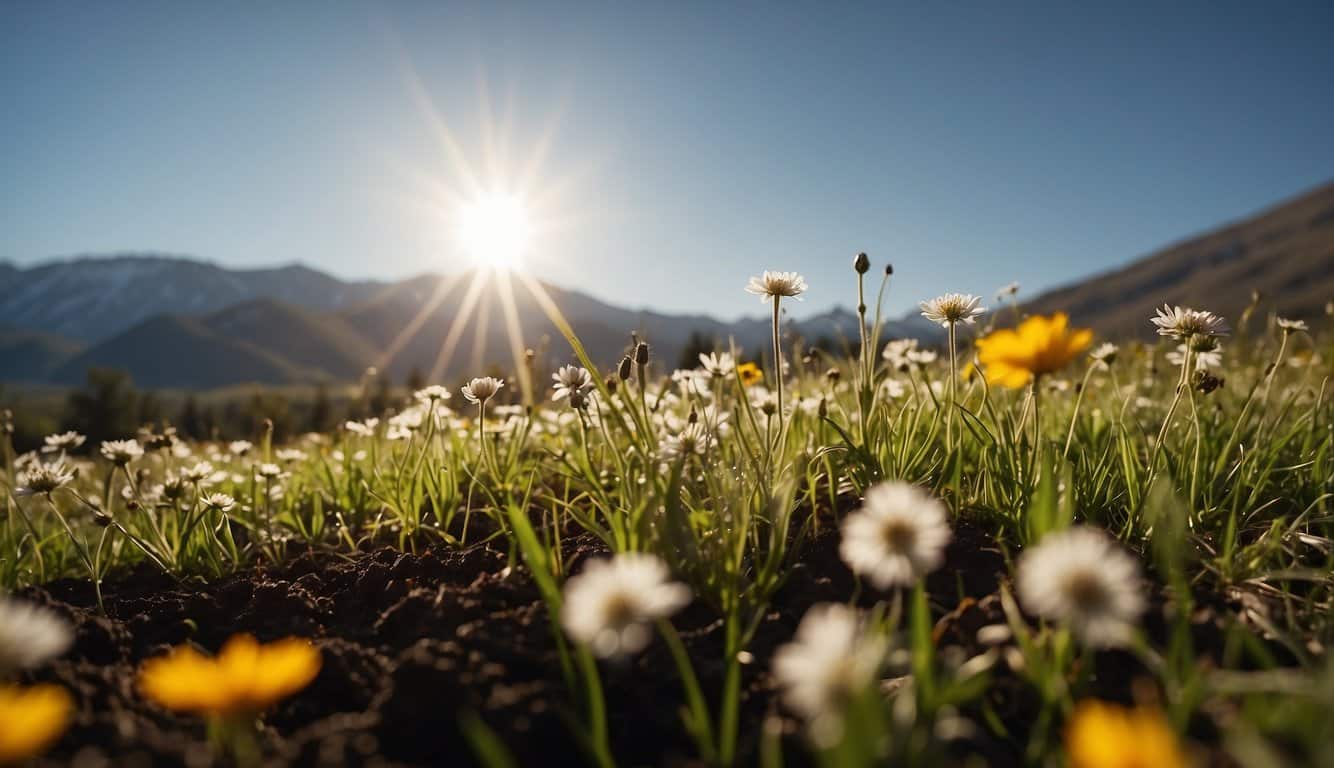 A bright sun shines over a landscape with snow-capped mountains in the distance. A farmer plants grass seed in the fertile soil of a field, surrounded by blooming wildflowers
