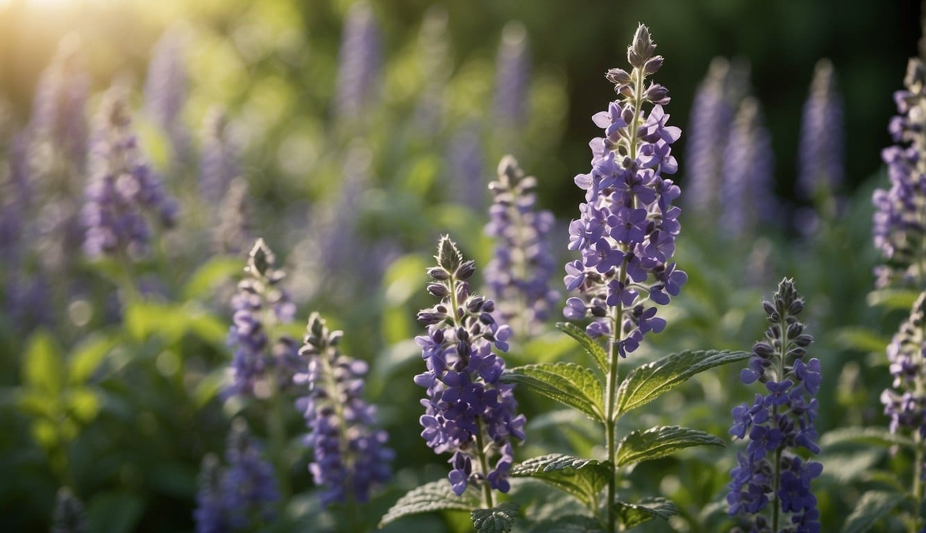 Catmint blooms in a garden, surrounded by green leaves. Planting instructions lie nearby