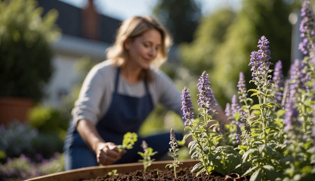 A gardener plants catmint in a sunny garden bed, following the planting guidelines for optimal growth