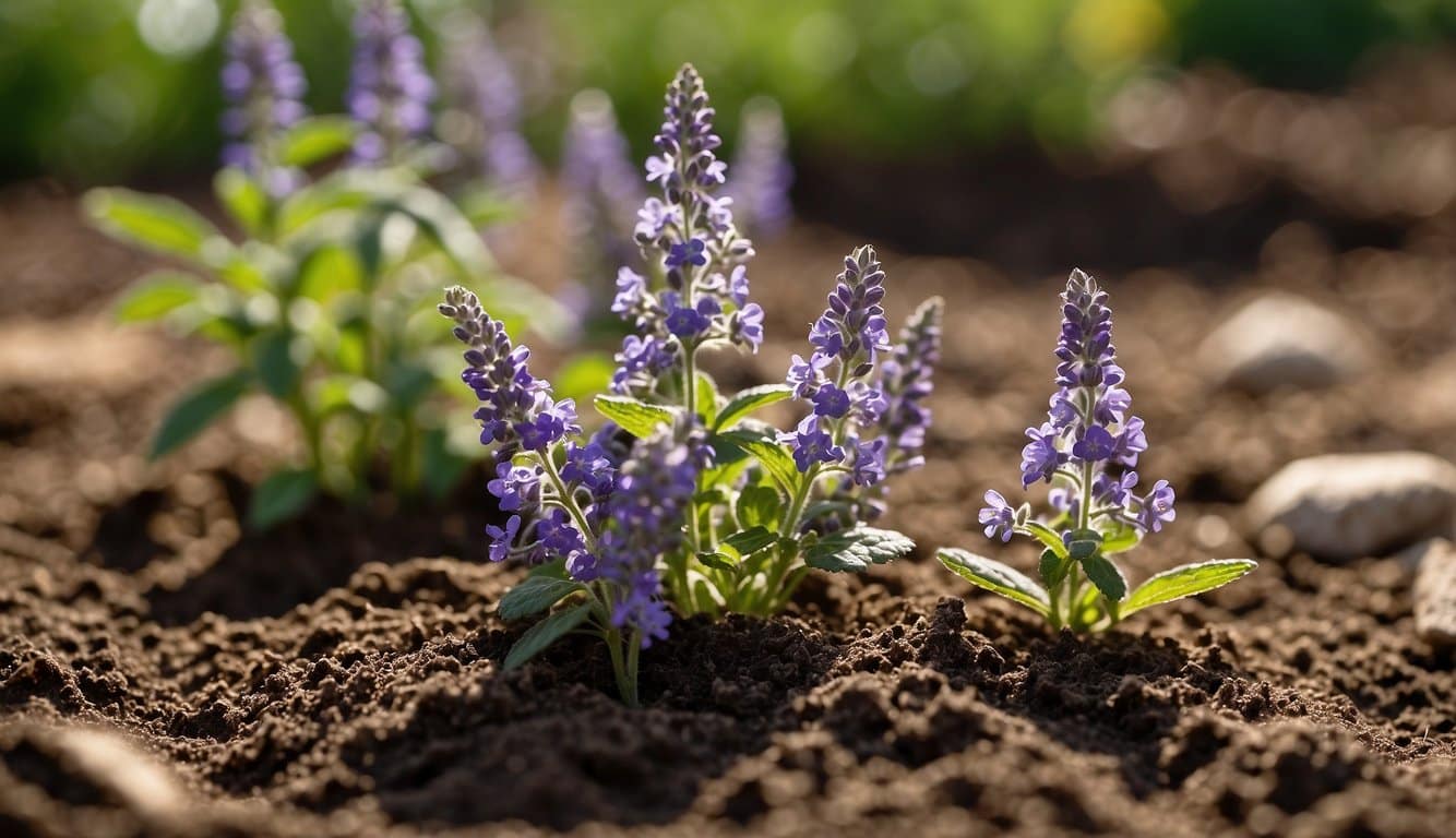 Catmint being planted in well-drained soil, with a layer of mulch to retain moisture. Regular watering and pruning for healthy growth