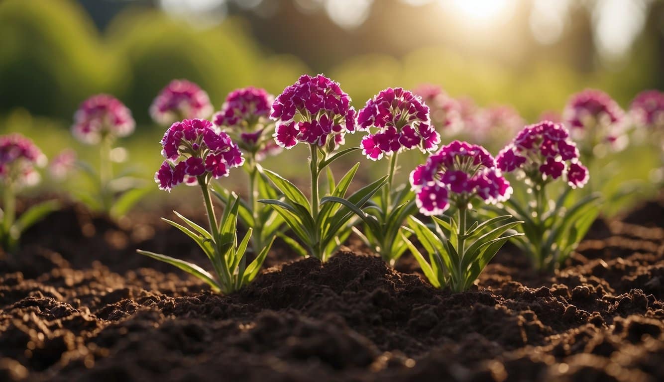 Sweet William flowers being planted in rich soil during early spring, with a gentle breeze and warm sunlight