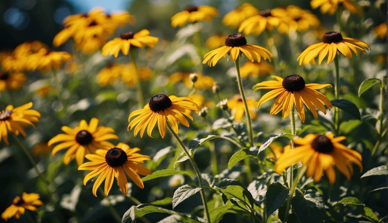 A vibrant garden with Black Eyed Susans in full bloom, surrounded by lush green foliage. A clear blue sky and warm sunlight illuminate the scene