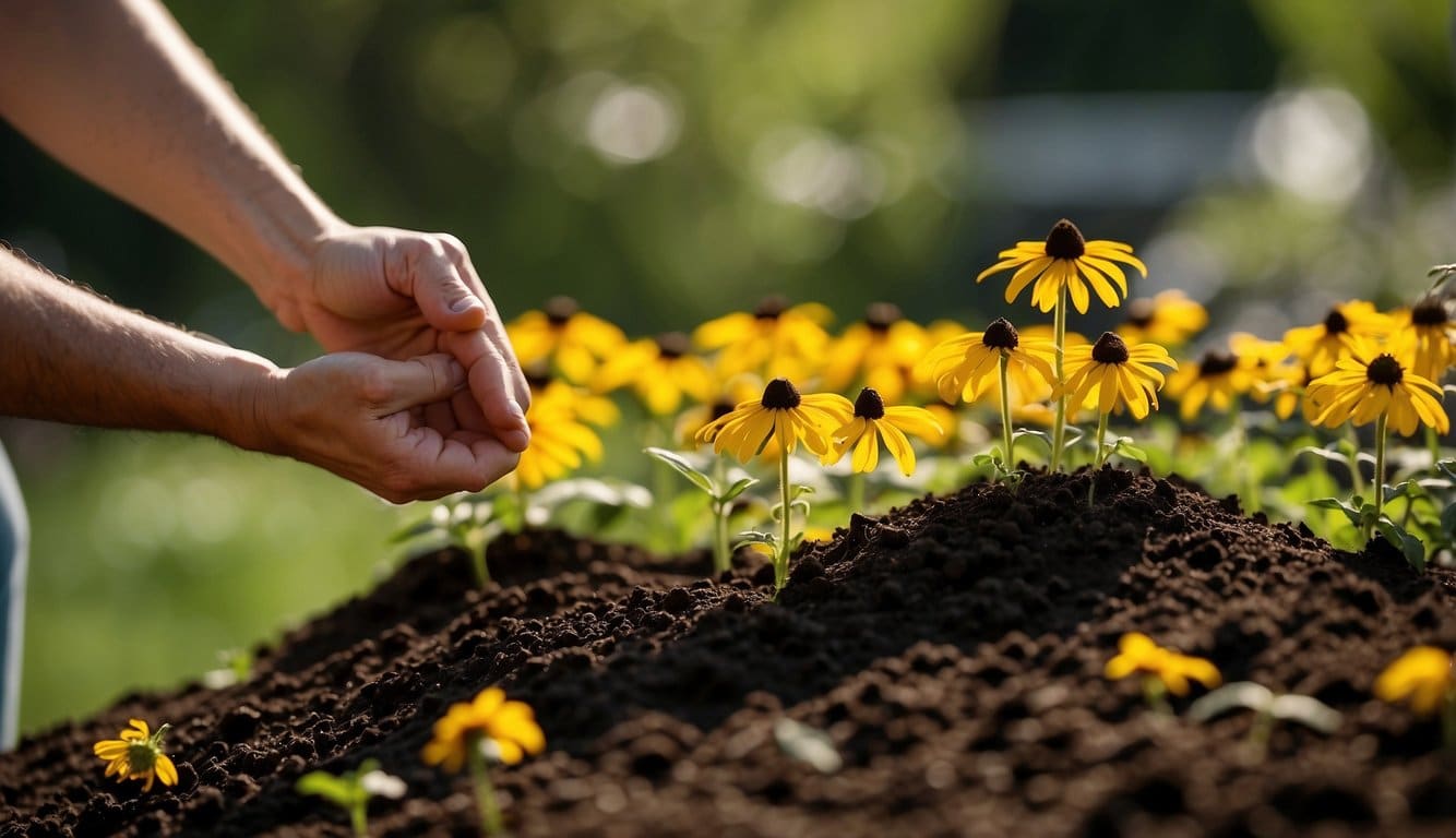 Bright sunlight shines on a garden bed. A gardener holds a packet of black-eyed susan seeds, ready to plant in the rich, dark soil