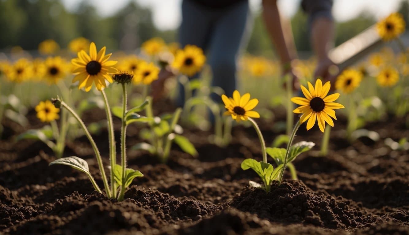 Rich soil being tilled, raked, and fertilized. Black Eyed Susans seeds being sown in rows. Sunlight streaming down on the garden bed