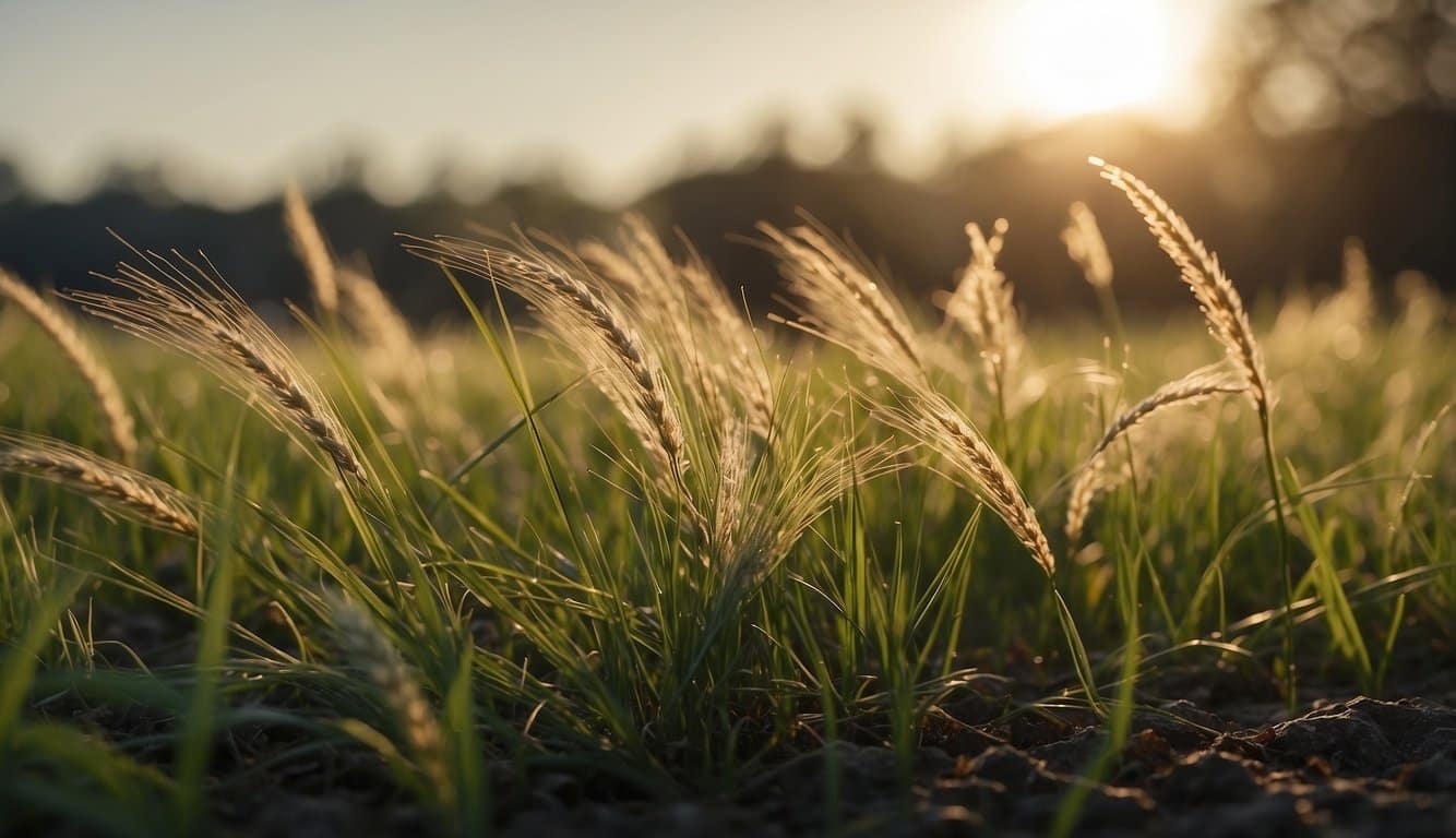 Winter rye grass being planted in a field under clear skies with a gentle breeze, as the sun casts a warm glow over the landscape