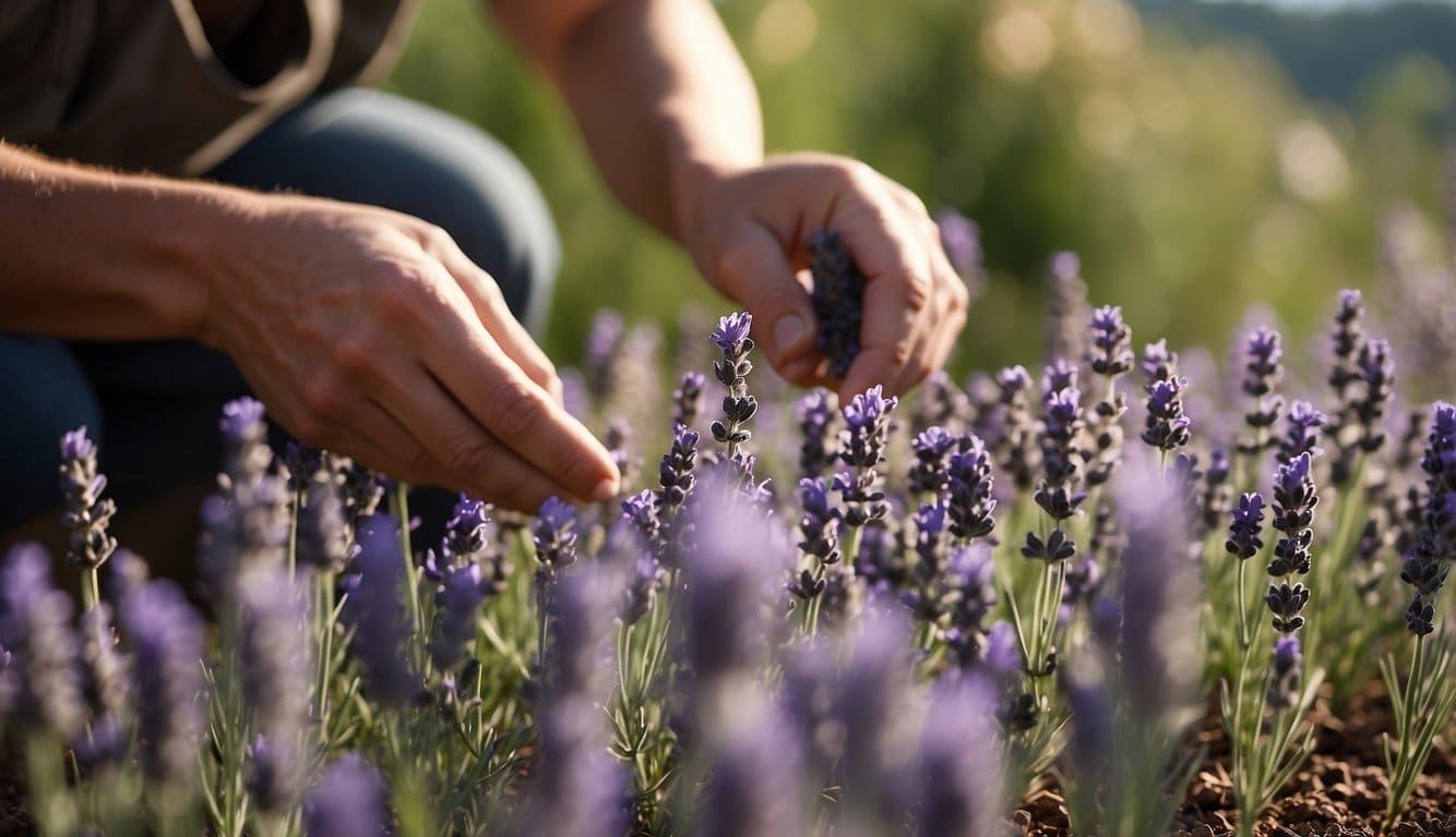 A gardener carefully selects lavender seeds, then plants them in rich, well-draining soil