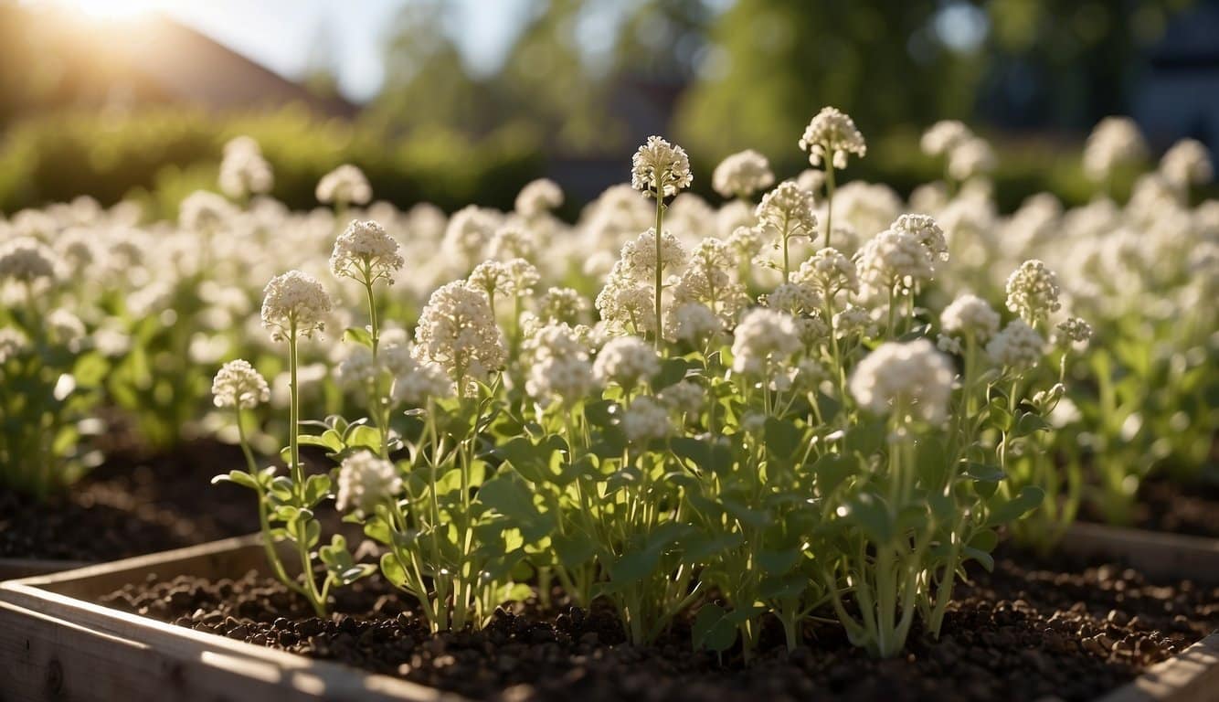 Buckwheat plants being watered and mulched in a sunny garden bed