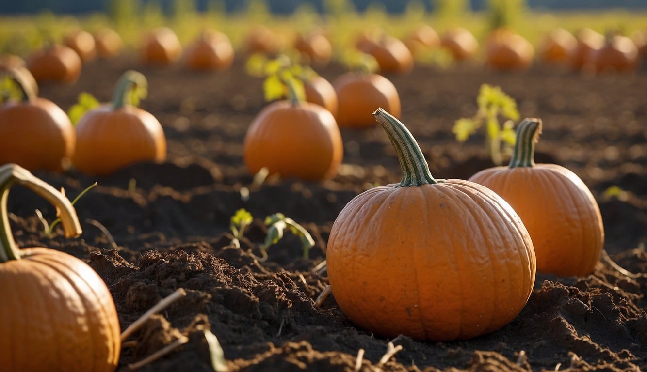 Pumpkins planted in a North Carolina field, under a clear blue sky, with the sun shining brightly, and the soil being tilled and prepared for optimal growth