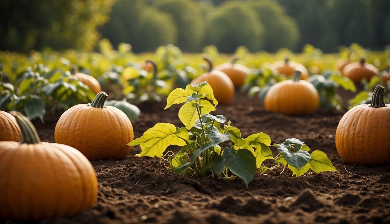 A sunny North Carolina landscape with pumpkins growing in rich soil, surrounded by lush greenery and trees, depicting the ideal climate for pumpkin planting