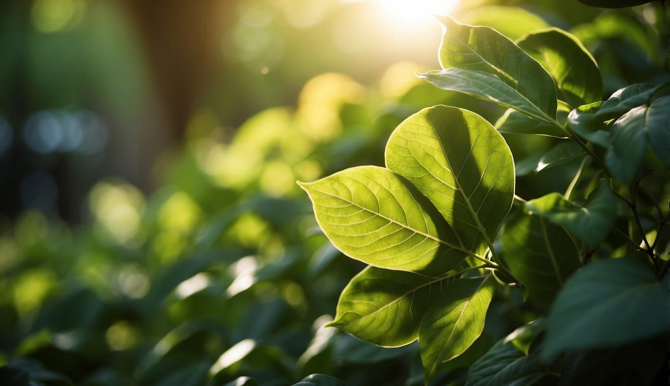 Lush green leaves of various sizes and shapes flourishing in a garden, with the sun casting a warm glow on the vibrant foliage