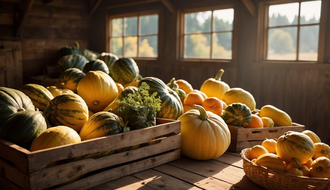 Squash being harvested and stored in a rustic barn setting, with baskets and crates filled with the colorful vegetables. The warm sunlight streaming through the windows adds a cozy atmosphere to the scene