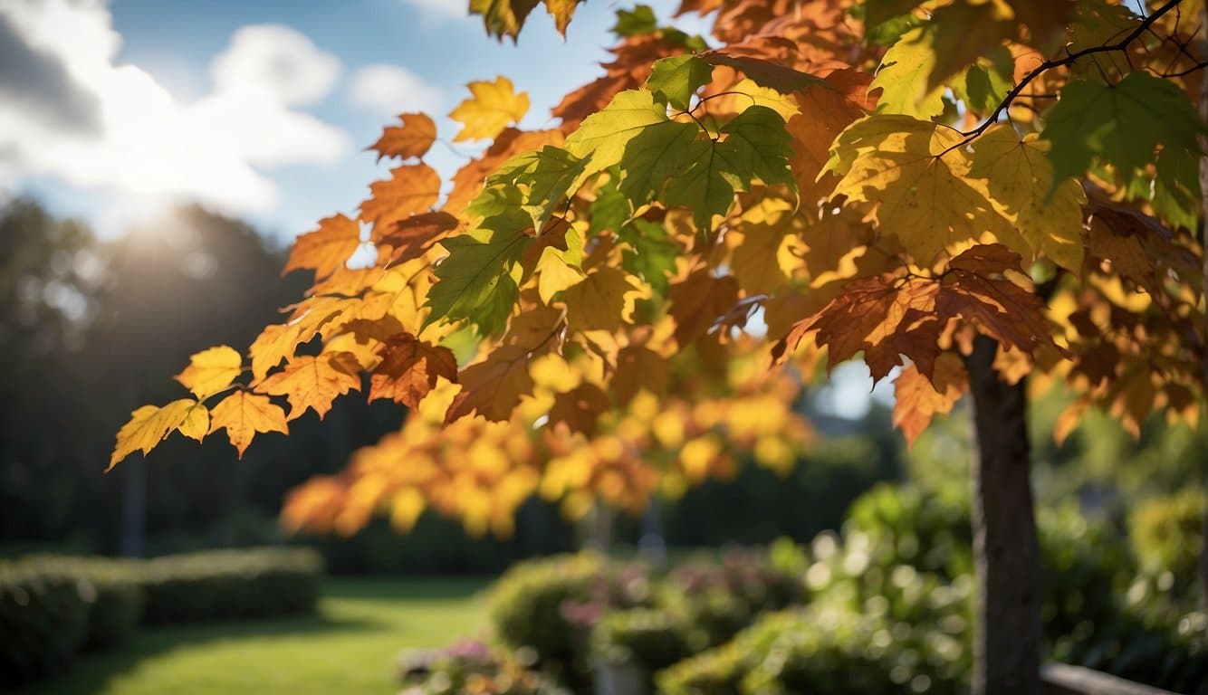 The scene shows colorful leaves falling from trees in a garden, with a mix of sunny and cloudy skies. A variety of plants are being tended to by gardeners, with a focus on preparing for the upcoming winter