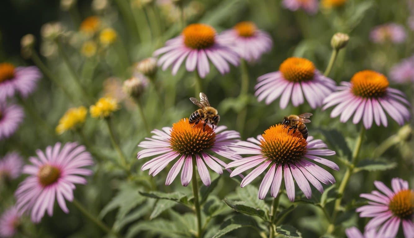 Bees pollinating flowers in a garden. Plants such as purple coneflower, wild bergamot, and butterfly weed attract pollinators. The garden is buzzing with activity as bees flit from flower to flower