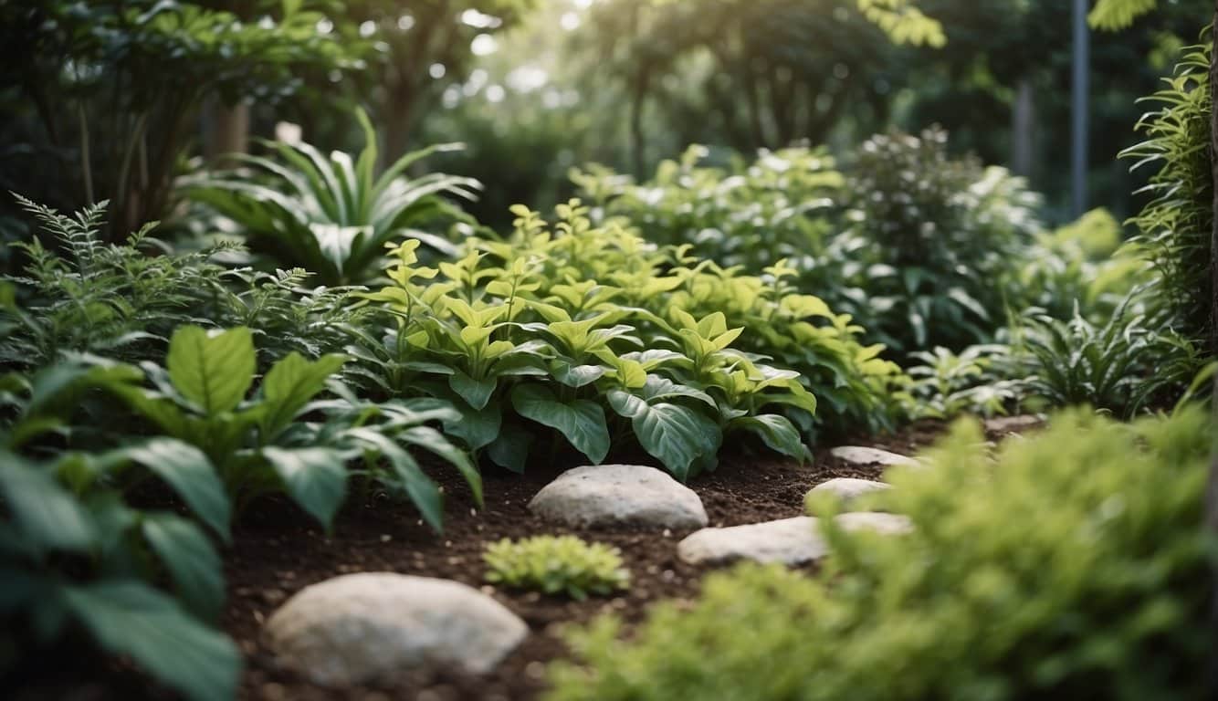 Lush green foliage of shade-tolerant plants arranged in a garden bed, with a mix of textures and heights creating a visually appealing and low-maintenance landscape