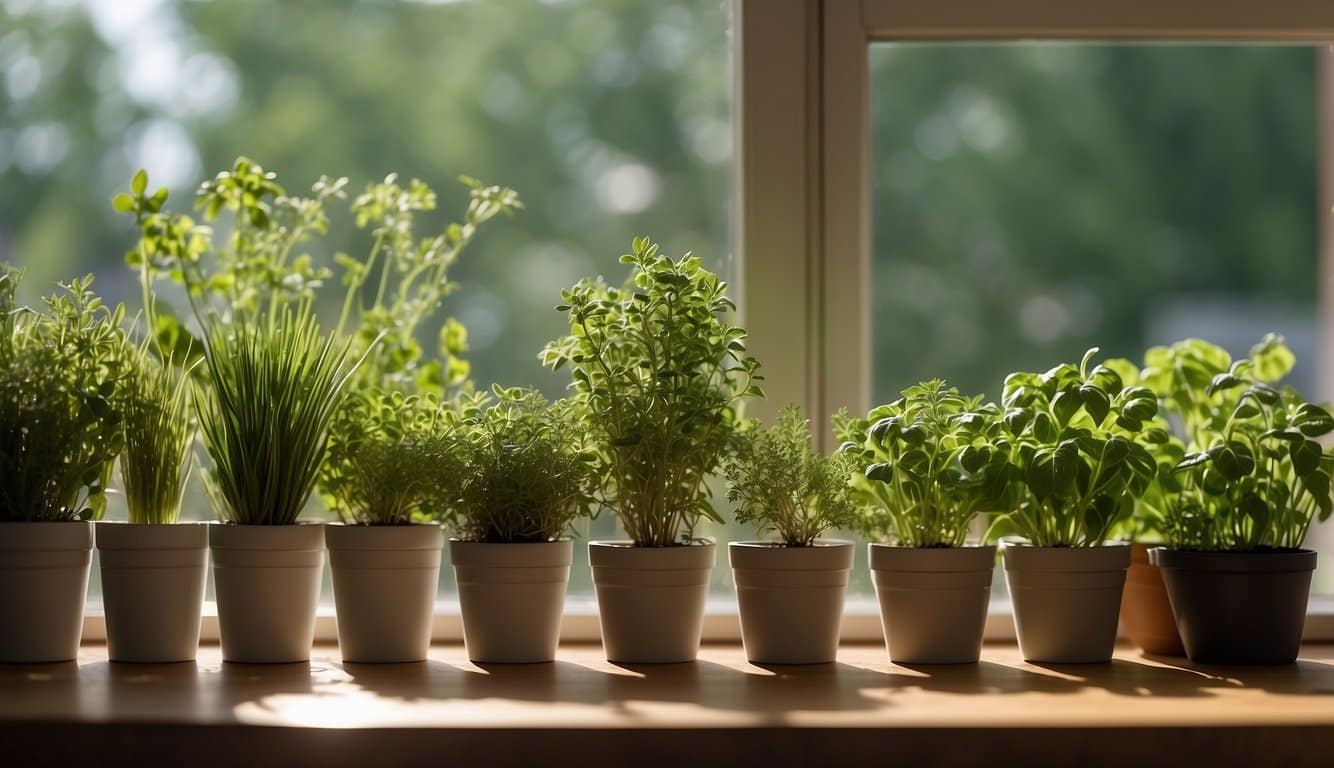 A gardener selects herbs for an Illinois kitchen garden, with basil, thyme, rosemary, chives, and parsley in small pots on a sunny windowsill