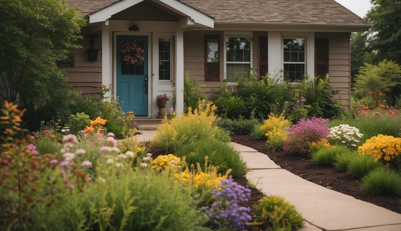 A front yard in Illinois with a mix of native plants, grasses, and shrubs. A winding path leads to the front door, framed by colorful flowers and a well-maintained lawn