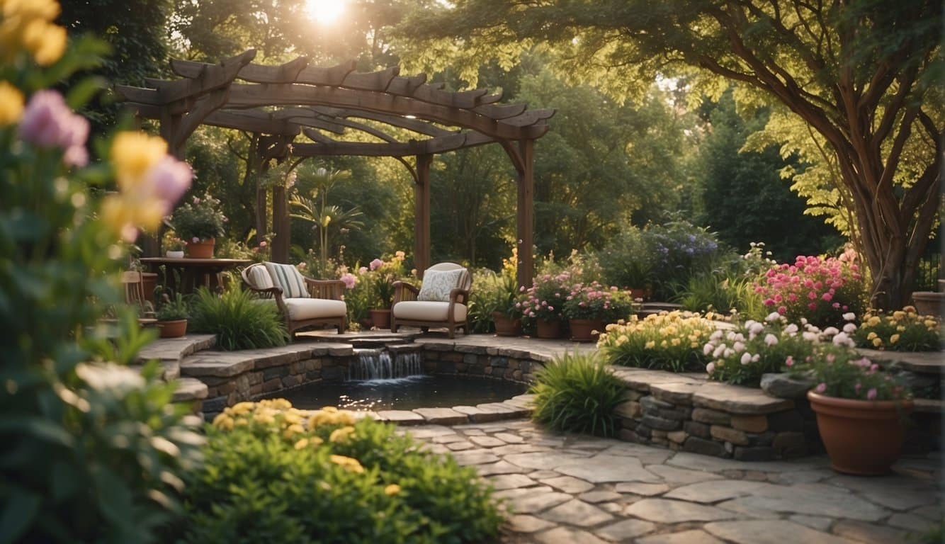 A serene backyard oasis with lush greenery, a cozy seating area, and a bubbling water feature surrounded by colorful flowers and a pergola